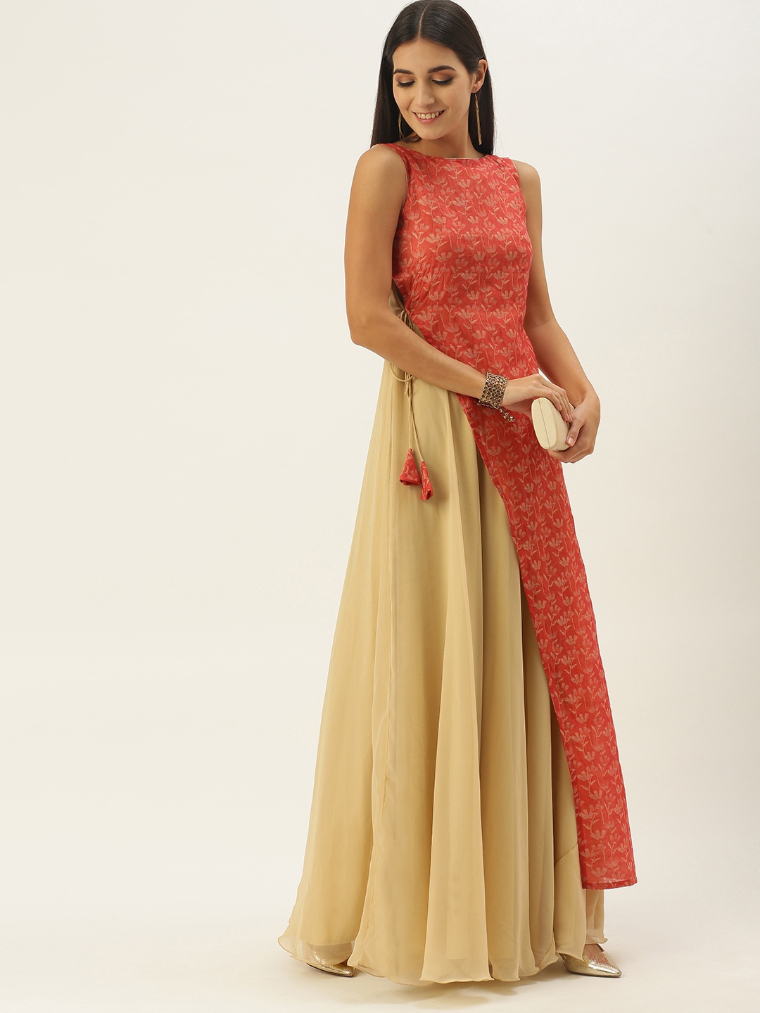 

Ethnovog Beige Orange Colourblocked Georgette Maxi Dress