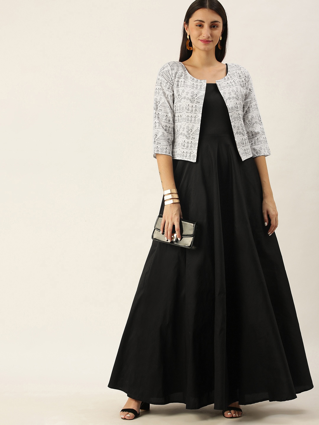 

Ethnovog Black Solid Made To Measure Gown with Ethnic Jacket