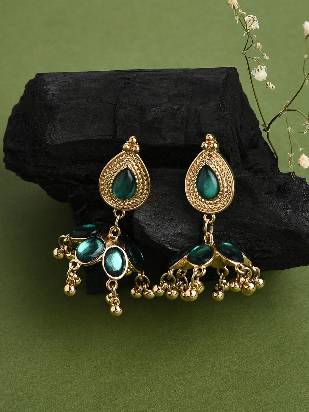 

Accessorize Green & Gold-Toned Contemporary Jhumkas