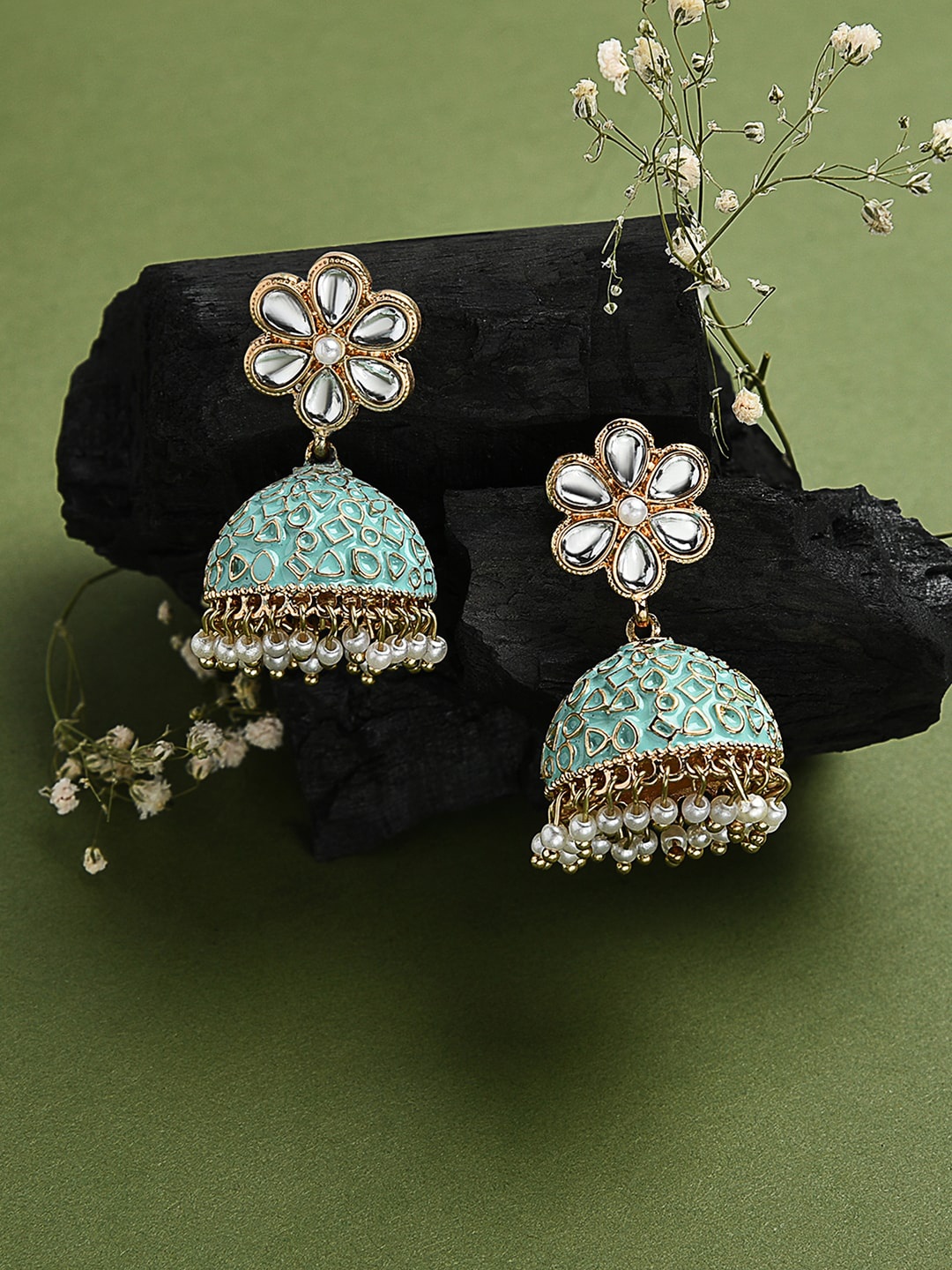 

Accessorize Sea Green & Gold-Toned Enamelled Dome Shaped Jhumkas
