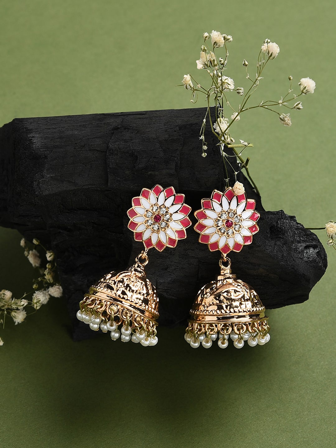 

Accessorize London Gold-Toned & Pink Enamelled Floral Pearl Jhumkas