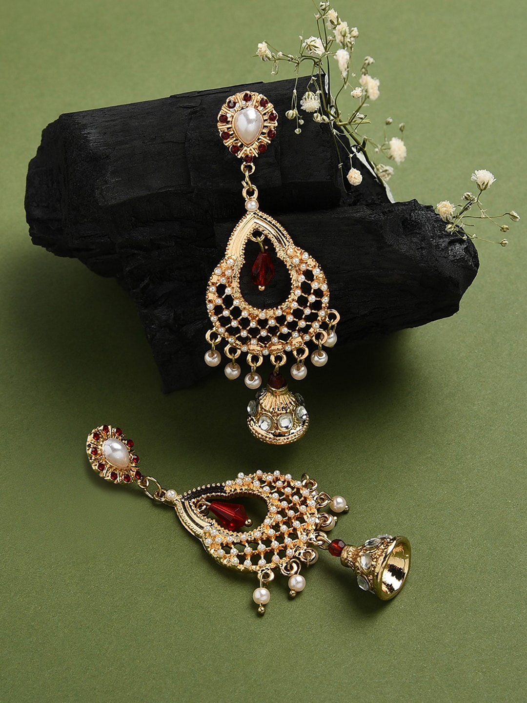 

Accessorize London Gold-Toned & Red Bead And Pearl Crescent Shaped Jhumkas