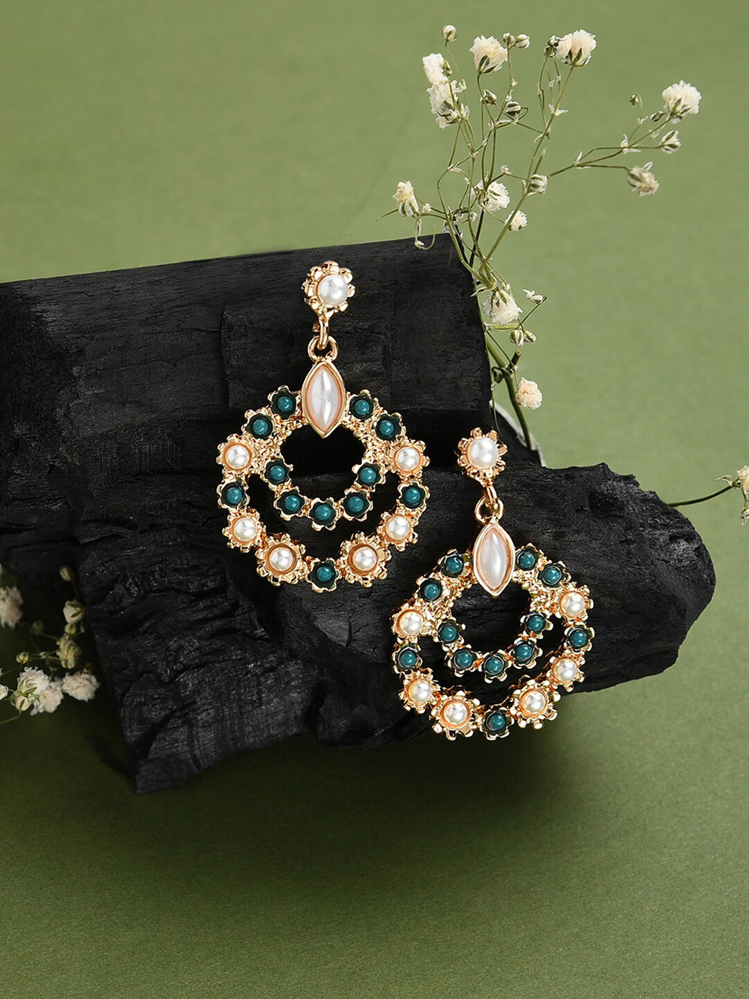 

Accessorize Green & Gold-Toned Circular Drop Earrings