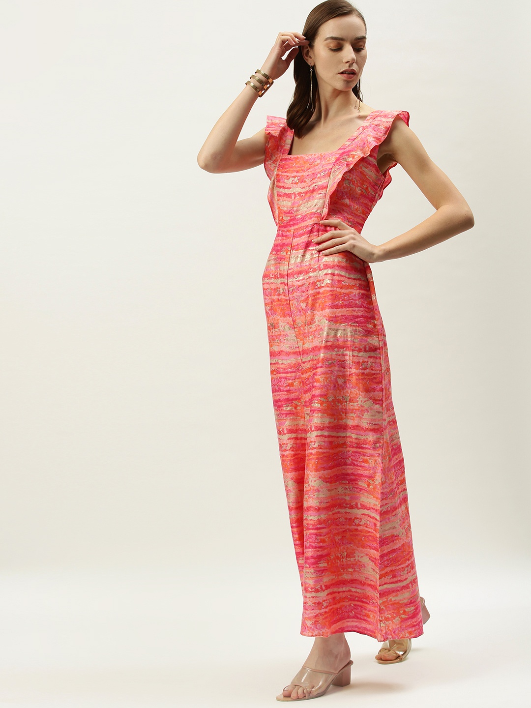 Ethnovog Coral Multicoloured Striped Basic Jumpsuit with Ruffles