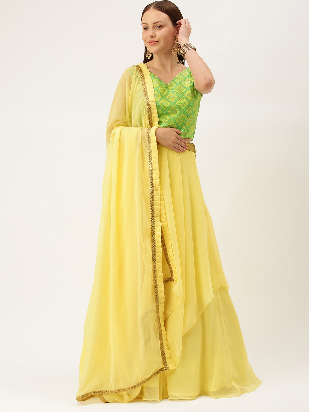 

Ethnovog Green Yellow Made to Measure Lehenga Blouse With Dupatta