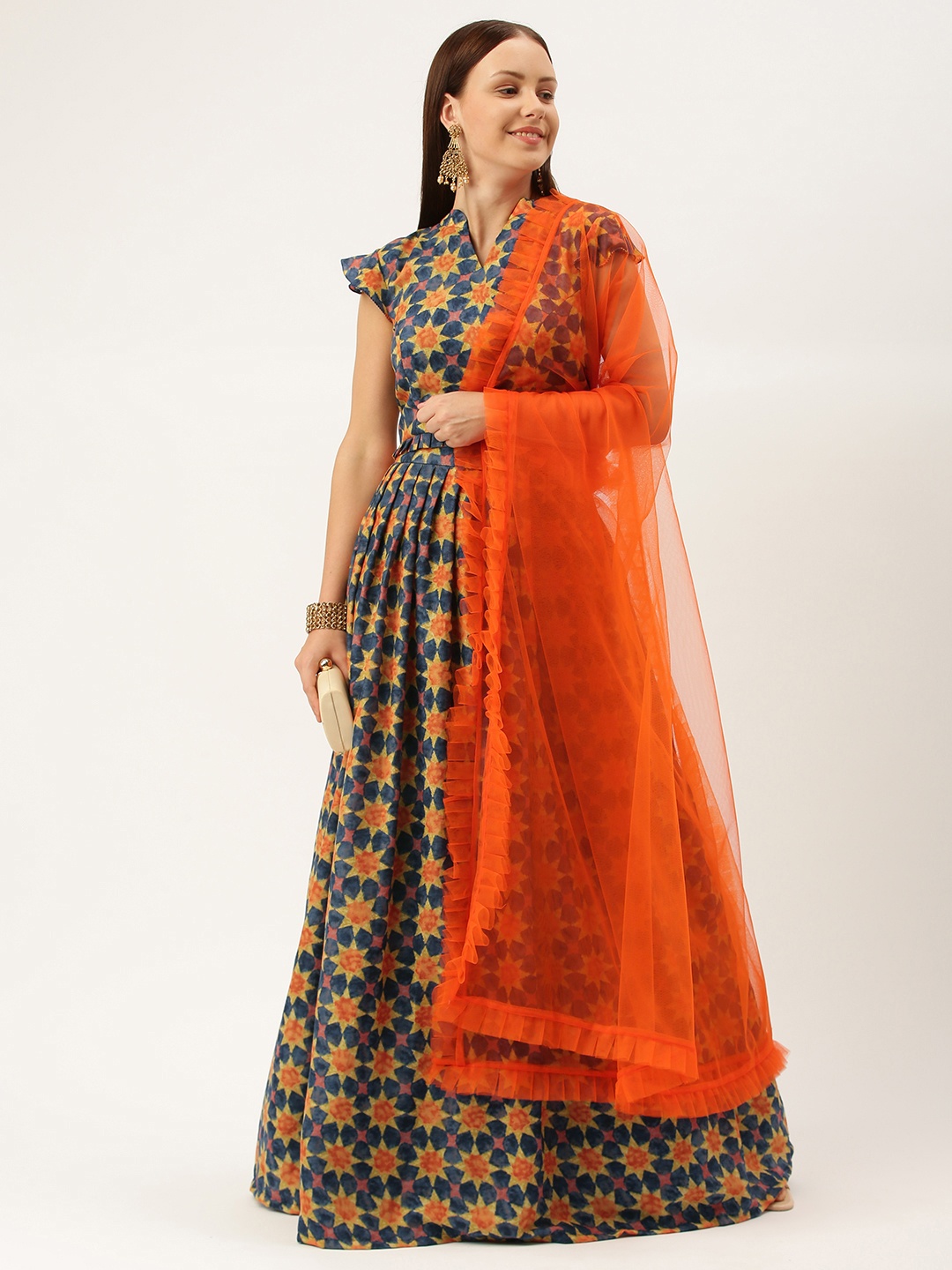 

Ethnovog Navy Blue Orange Made to Measure Lehenga Blouse With Dupatta