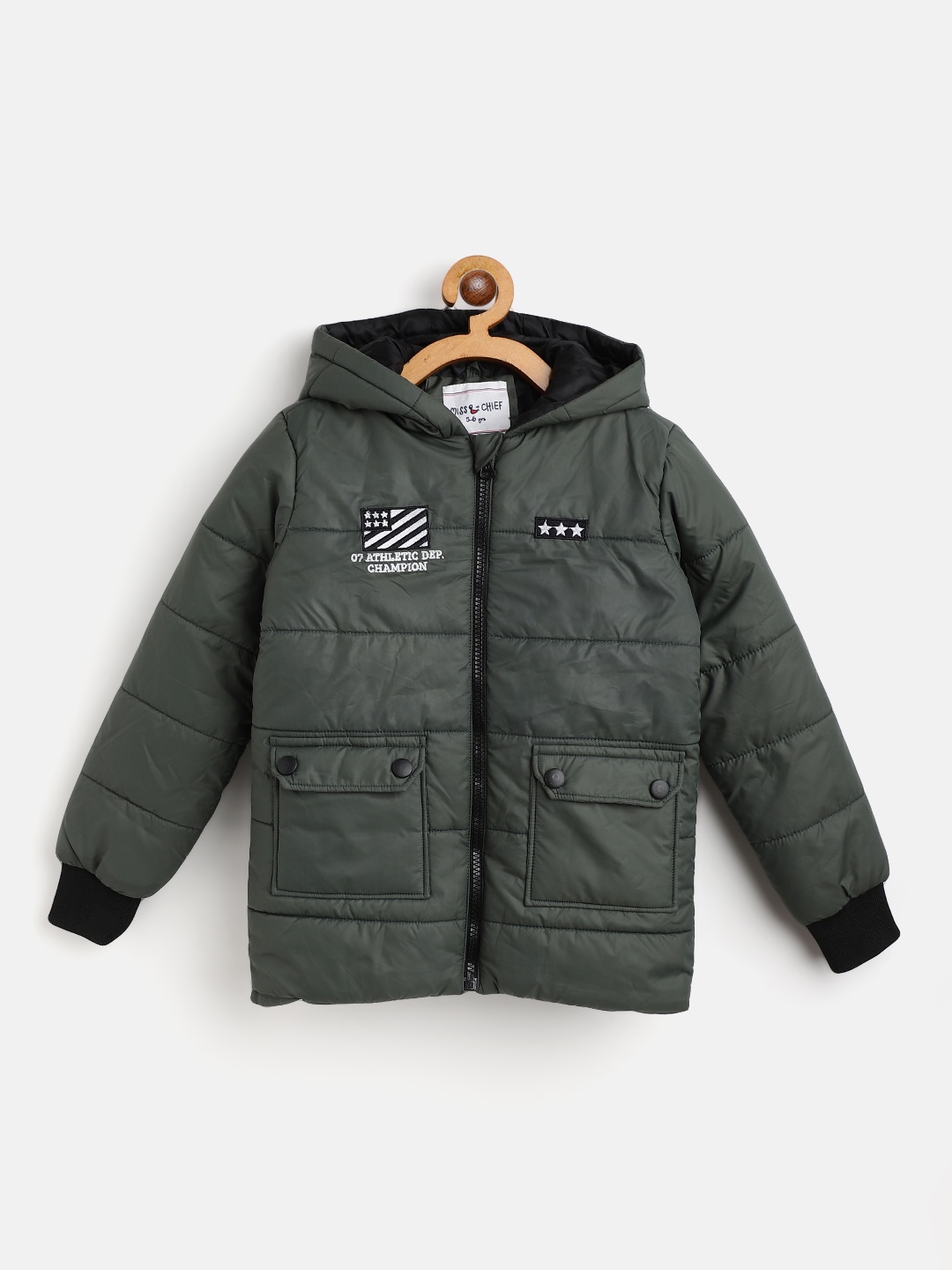 

Miss & Chief Boys Olive Green Solid Hooded Padded Jacket with Patchwork Detail