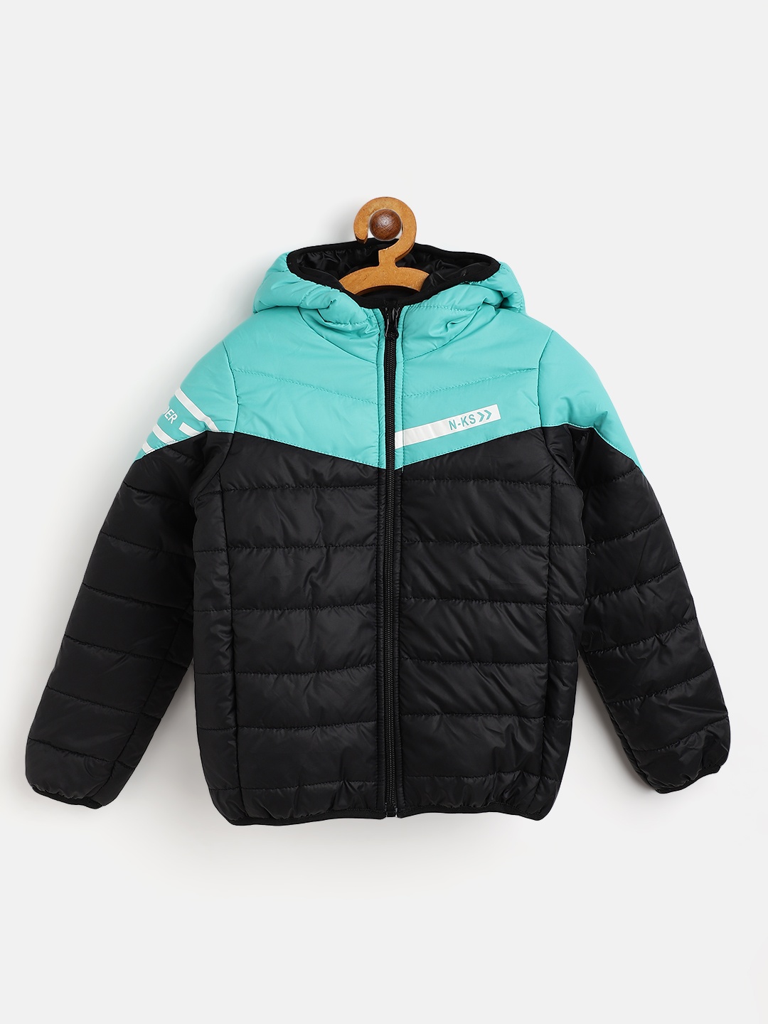 

Miss & Chief Girls Black & Sea Green Colourblocked Hooded Padded Jacket