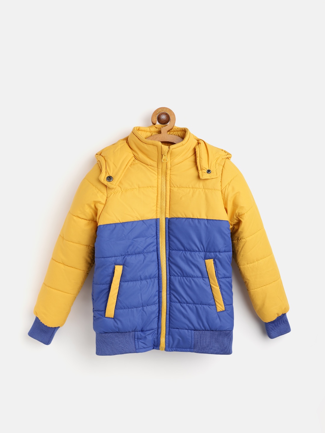 

Miss & Chief Boys Mustard Yellow & Blue Colourblocked Hooded Padded Jacket