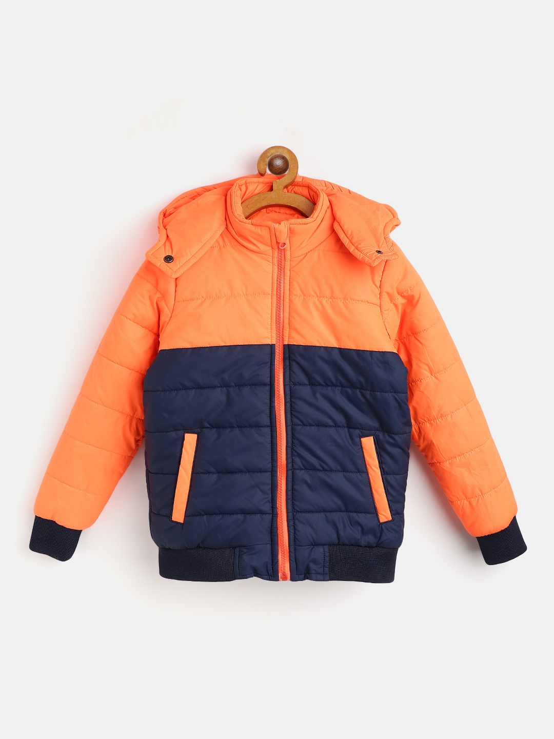 

Miss & Chief Boys Fluorescent Orange & Navy Blue Colourblocked Hooded Padded Jacket