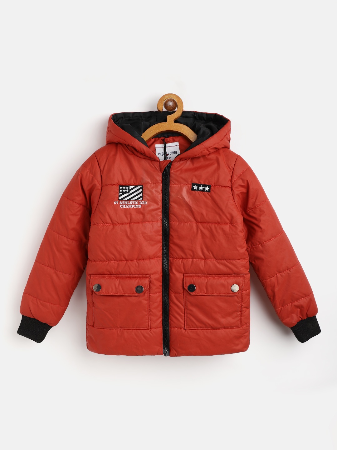 

Miss & Chief Boys Rust Orange Solid Hooded Padded Jacket with Patchwork Detail