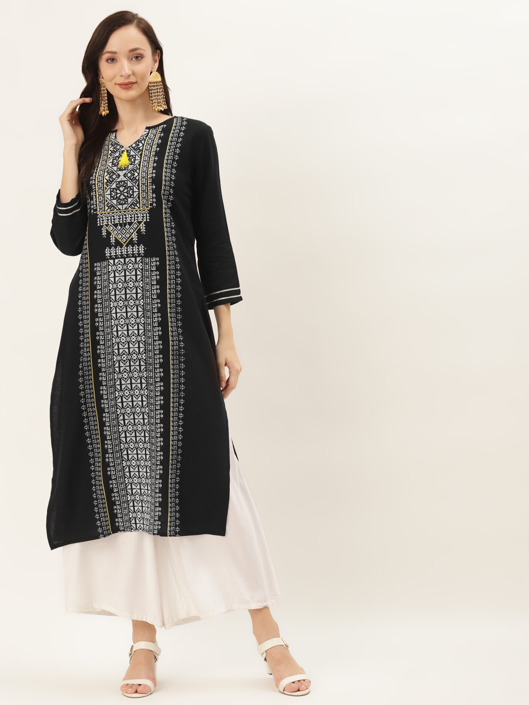 

RIVI Women Black & Yellow Printed Kurta