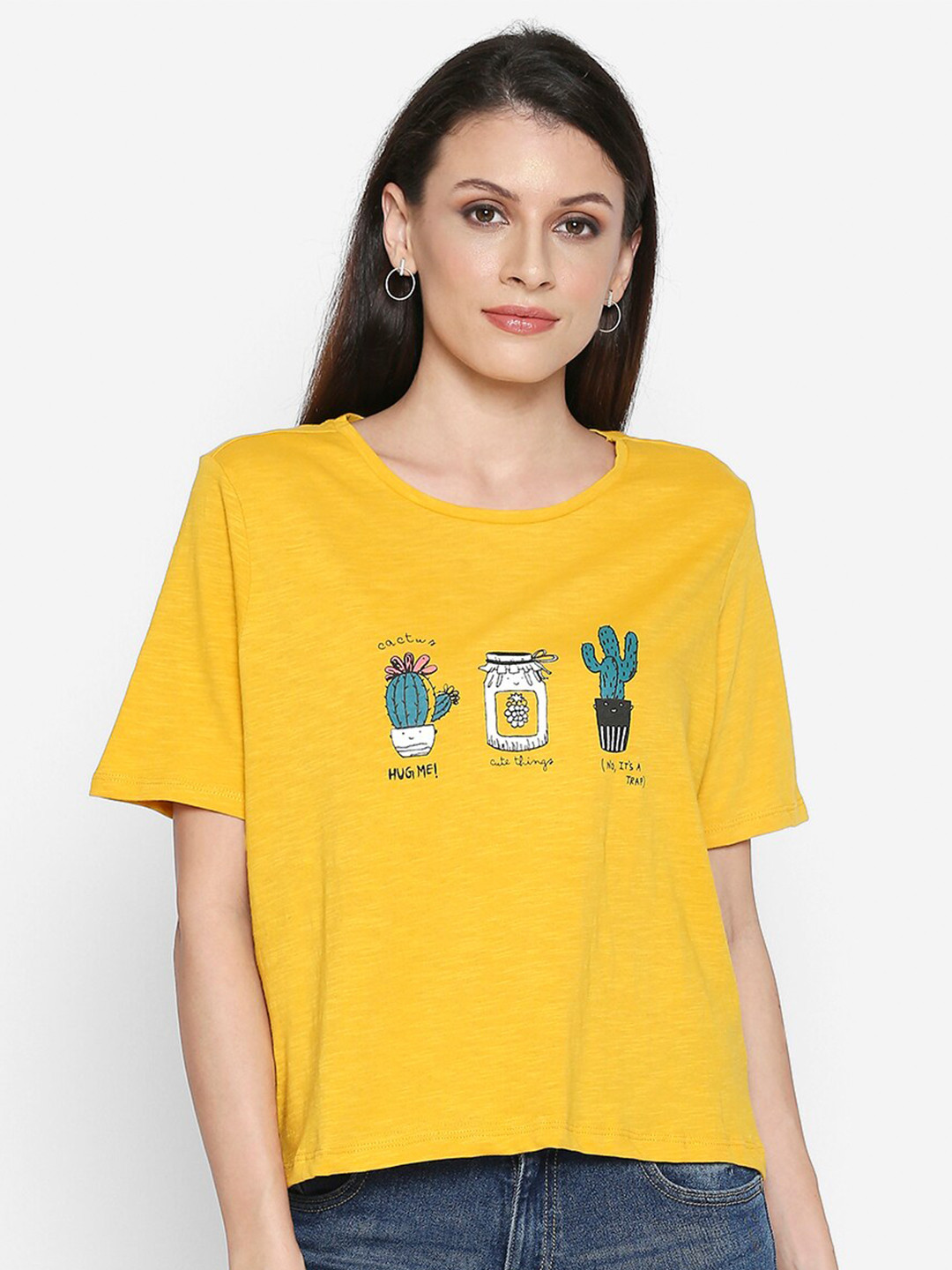 

People Women Yellow Green Printed Cotton Pure Cotton T-shirt
