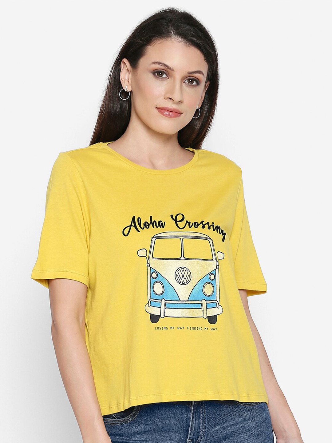 

People Women Yellow Blue Printed Cotton Pure Cotton T-shirt