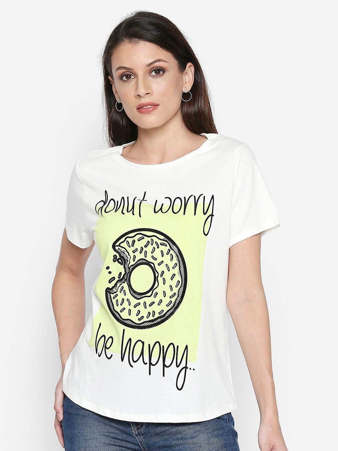 

People Women White Yellow Printed Cotton Pure Cotton T-shirt