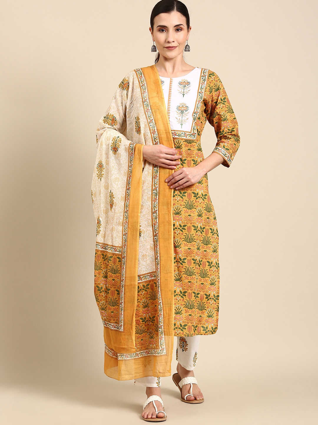 

Rajnandini Women Mustard Yellow & White Printed Pure Cotton Kurta with Trousers & Dupatta
