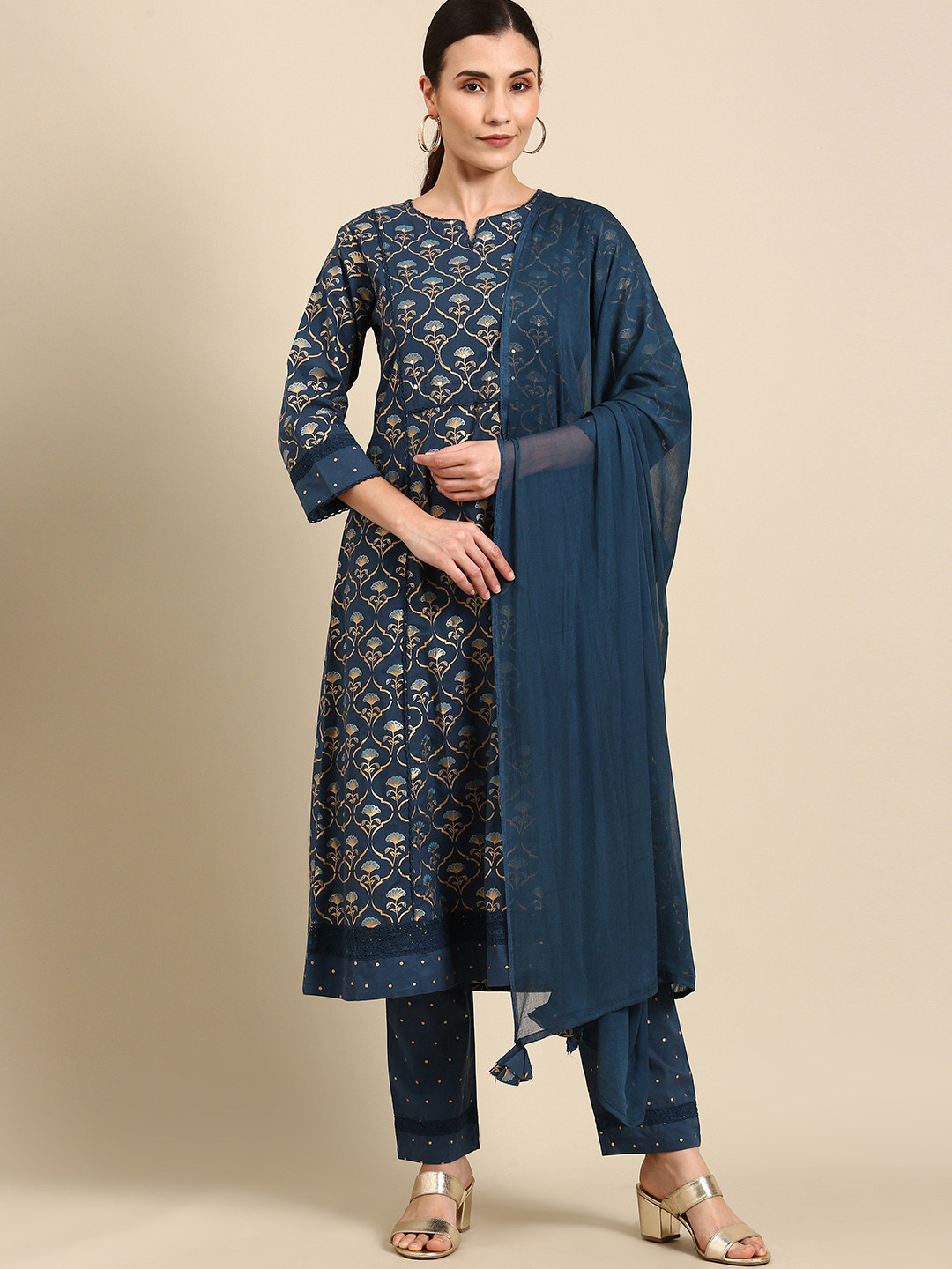 

Rajnandini Women Teal Blue & Golden Ethnic Print Pure Cotton Kurta with Trousers & Dupatta
