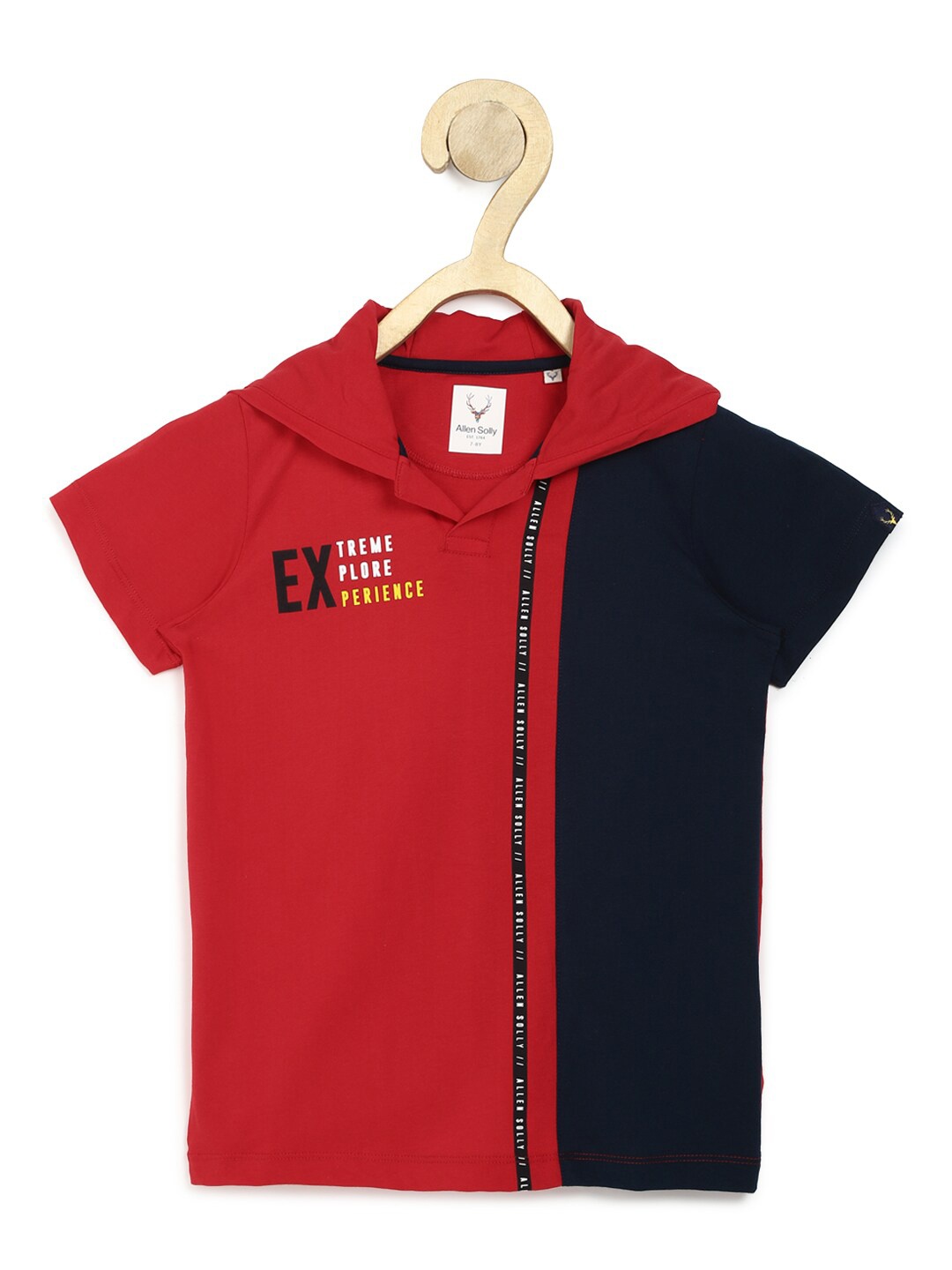 

Allen Solly Junior Boys Red & Navy Blue Typography Printed Colourblocked Hooded T-shirt