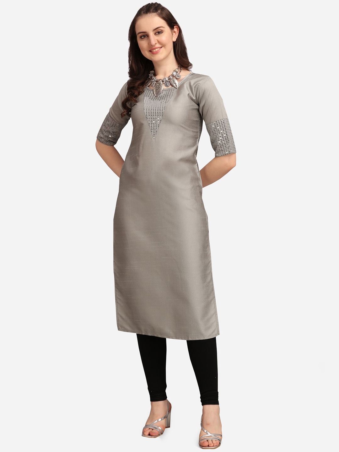 

Tikhi Imli Women Grey Keyhole Neck Thread Work Kurta
