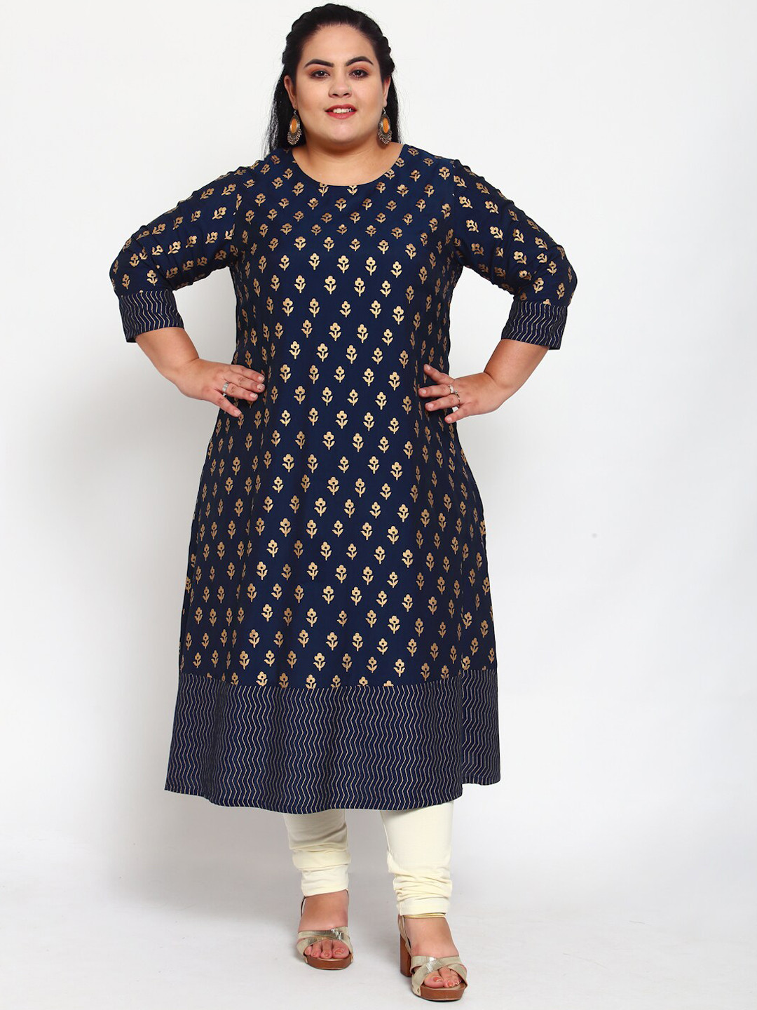 

plusS Women Navy Blue & Gold-Toned Floral Printed Kurta