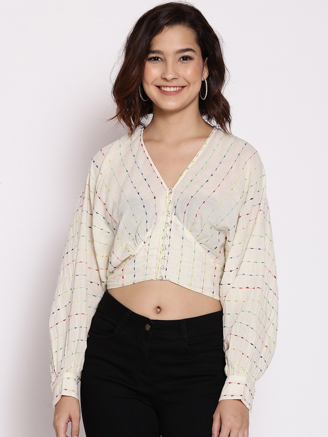 

Oxolloxo Women Cream Crepe Regular Crop Top