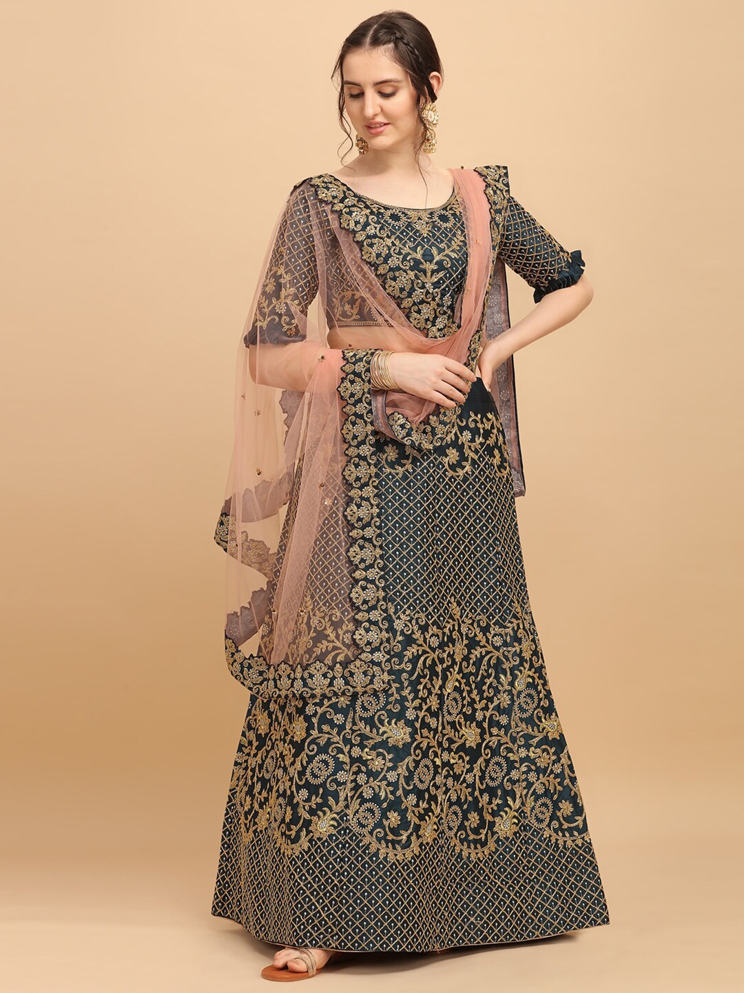 

Amrutam Fab Green & Pink Embroidered Unstitched Lehenga & Blouse With Dupatta
