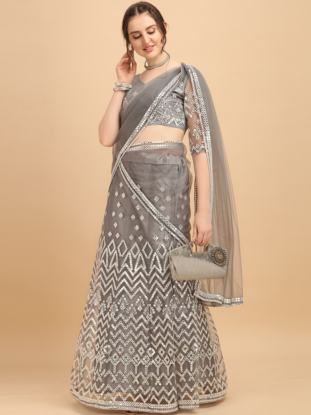 

Amrutam Fab Grey & White Embroidered Mirror Work Unstitched Lehenga & Blouse With Dupatta