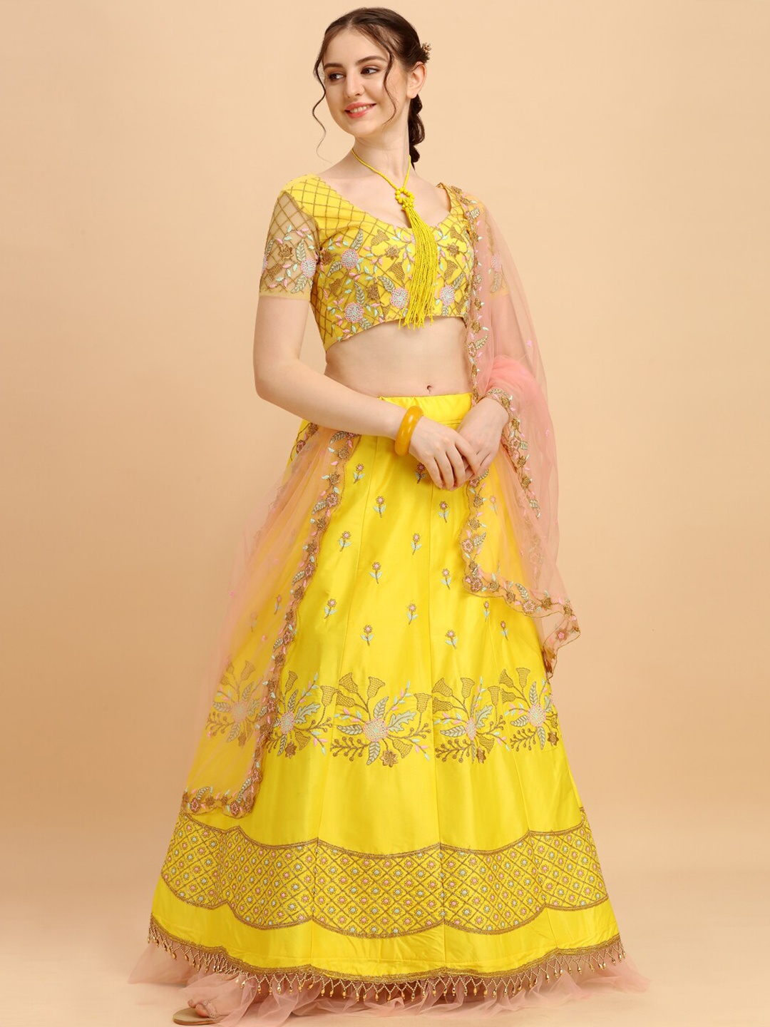 

Amrutam Fab Yellow & Pink Embroidered Thread Work Semi-Stitched Lehenga & Unstitched Blouse With Dupatta