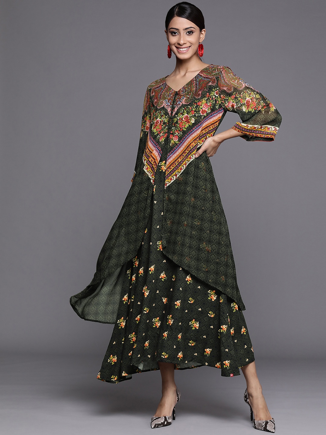 

Biba Green & Red Ethnic Printed Layered A-Line Midi Dress