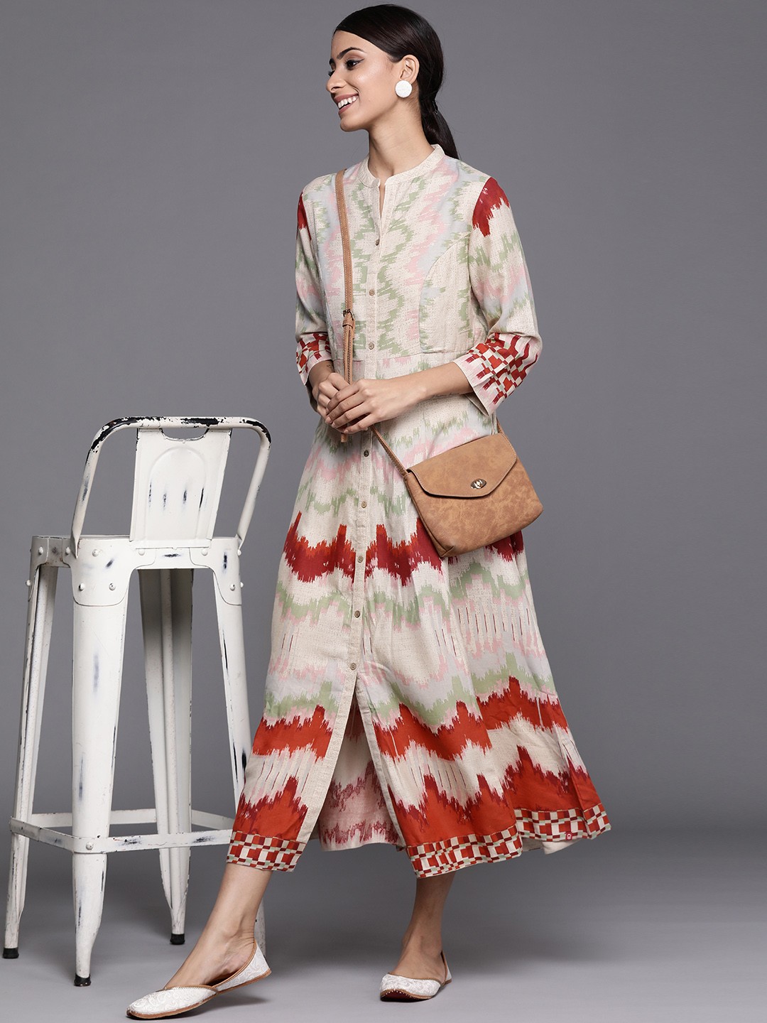 

Biba Beige & Maroon Printed A-Line Midi Dress