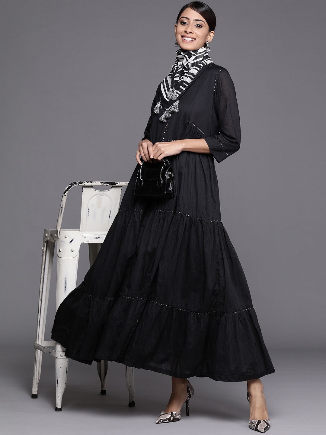 

Biba Black Pure Cotton Solid Maxi Dress Comes With A Scarf