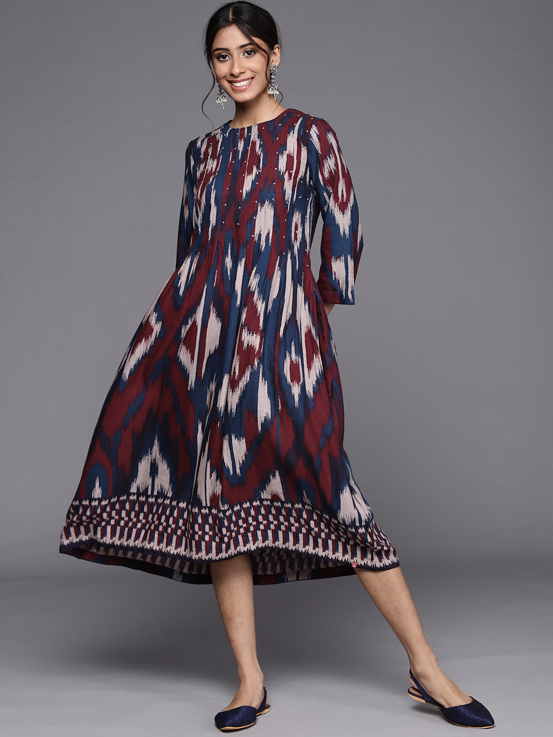 

Biba Navy Blue & Maroon A-Line Midi Dress