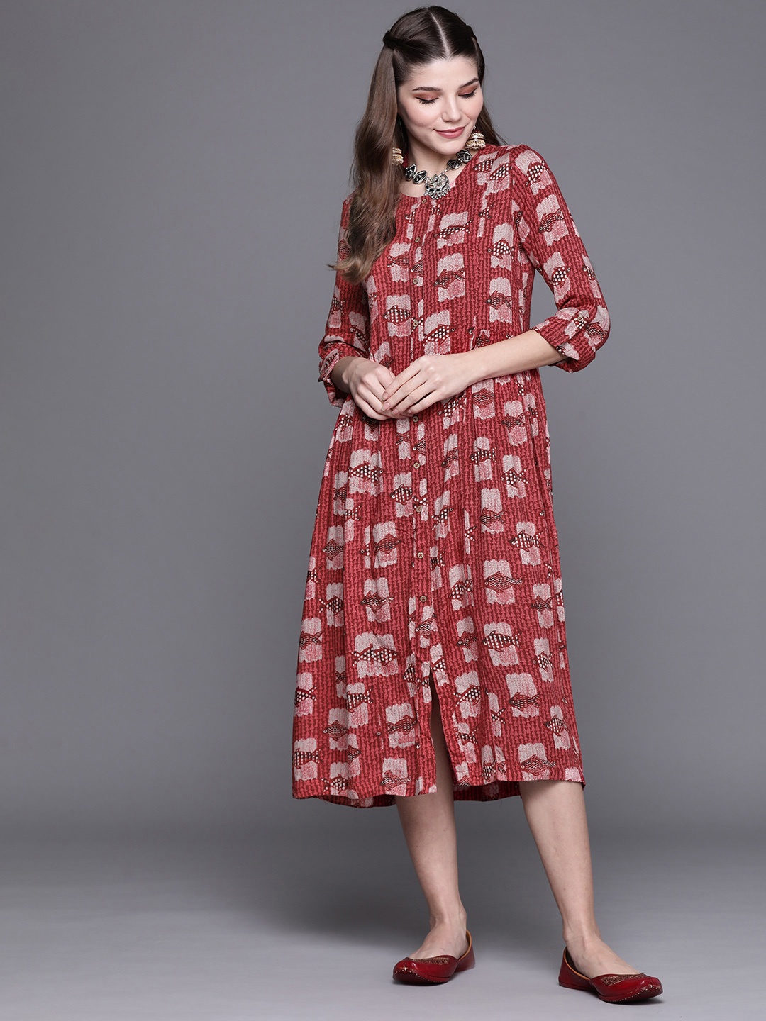

Biba Women Maroon & Beige Ethnic A-Line Midi Dress