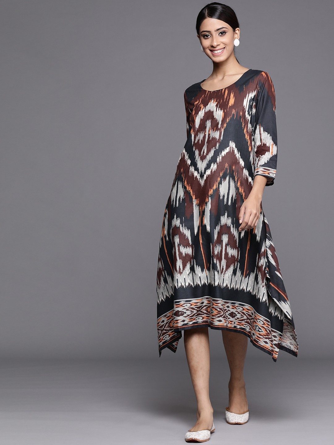 

Biba Navy Blue & Brown Printed A-Line Midi Dress