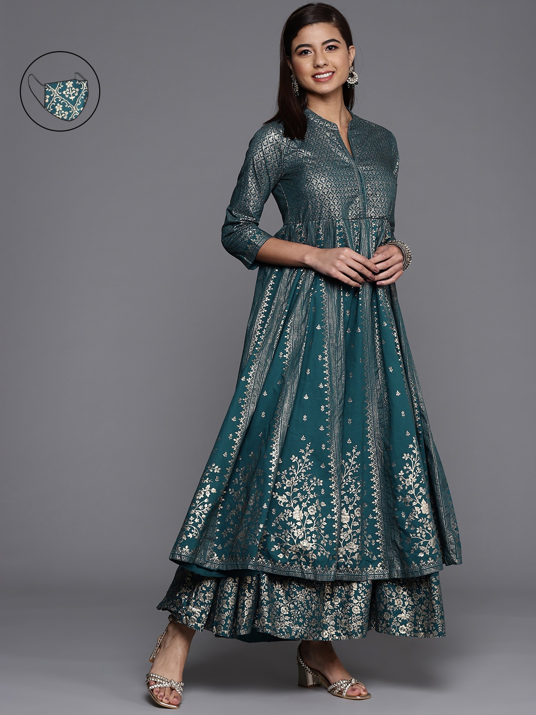 

Biba Teal Ethnic Motifs A-Line Maxi Dress