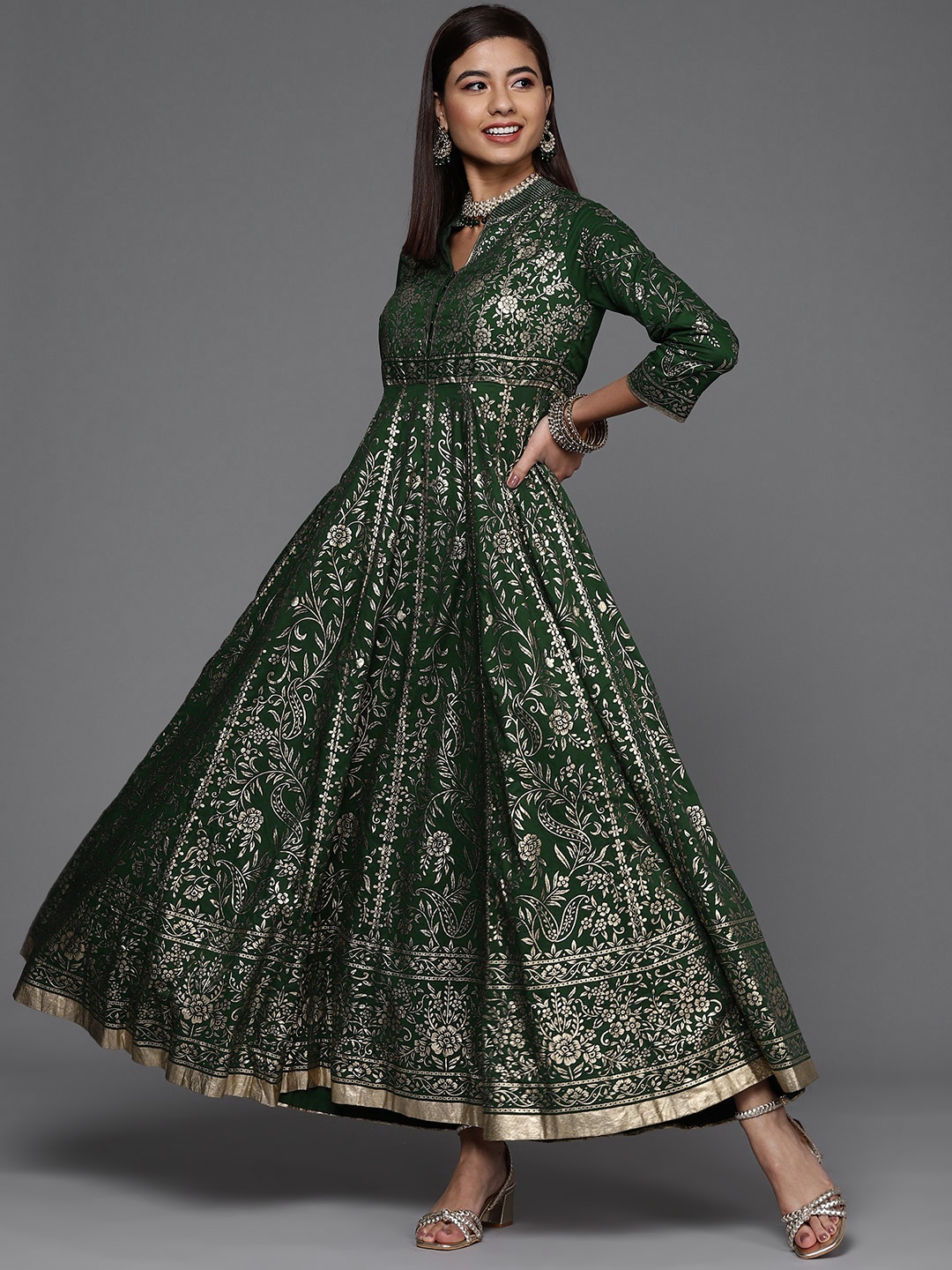 

Biba Green & Golden Pure Cotton Ethnic Motifs Printed Maxi Dress