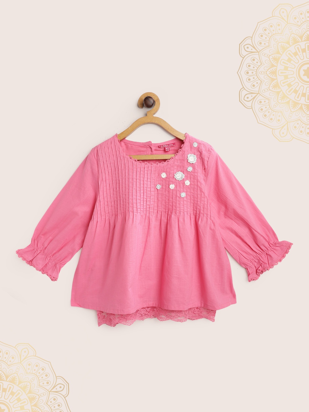 

Biba Girls Pink & White Solid Cotton Floral Applique Pleated Detail Layered A-Line Top