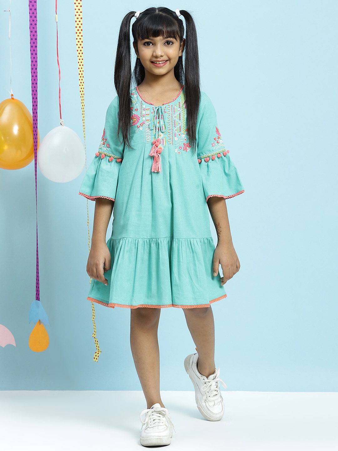 

Biba Girls Blue Cotton Embroidered Tie-Up Neck A-Line Dress