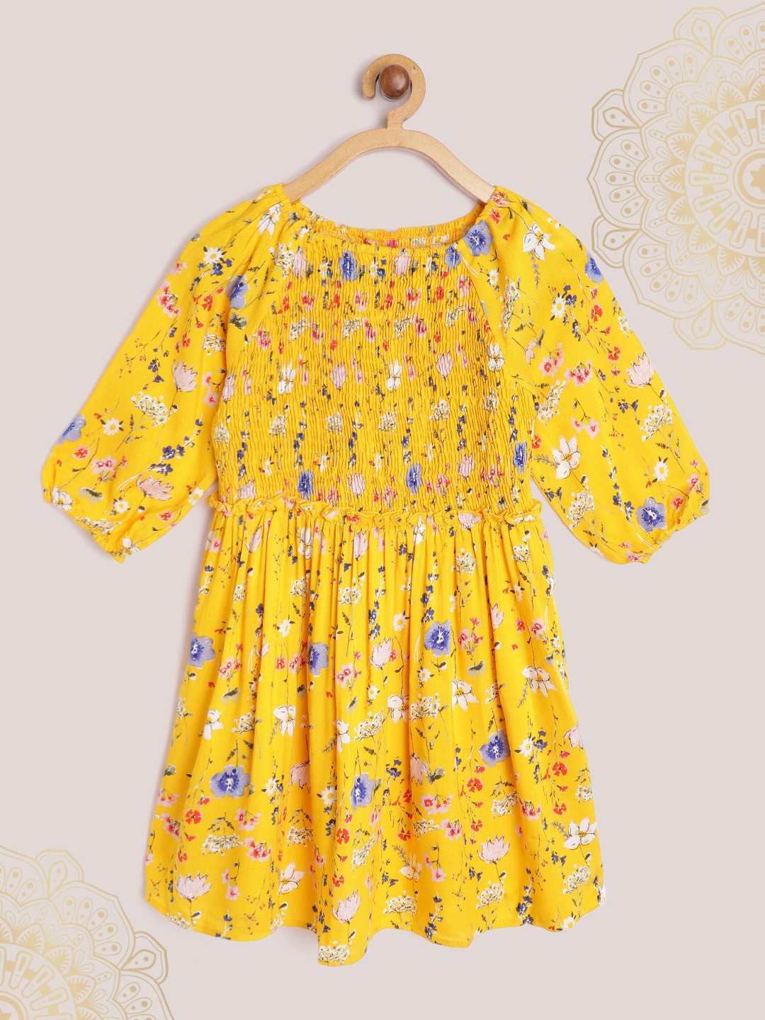 

Biba Girls Mustard Yellow & Blue Floral Smocked Off-Shoulder A-Line Dress