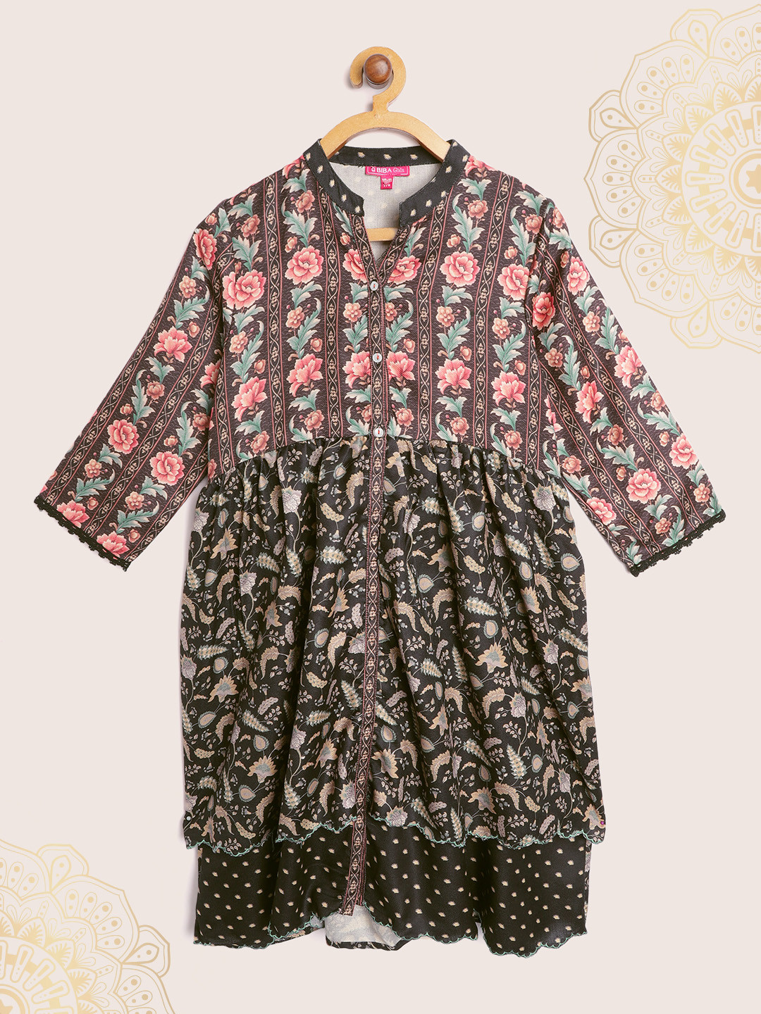 

Biba Girls Black & Green Ethnic Motifs Print Thread Work Pleated & Layered A-Line Kurta