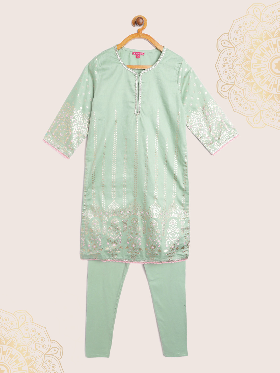 

Biba Girls Mint Green & Silver Ethnic Print Gotta Patti Detail Straight Kurta & Leggings