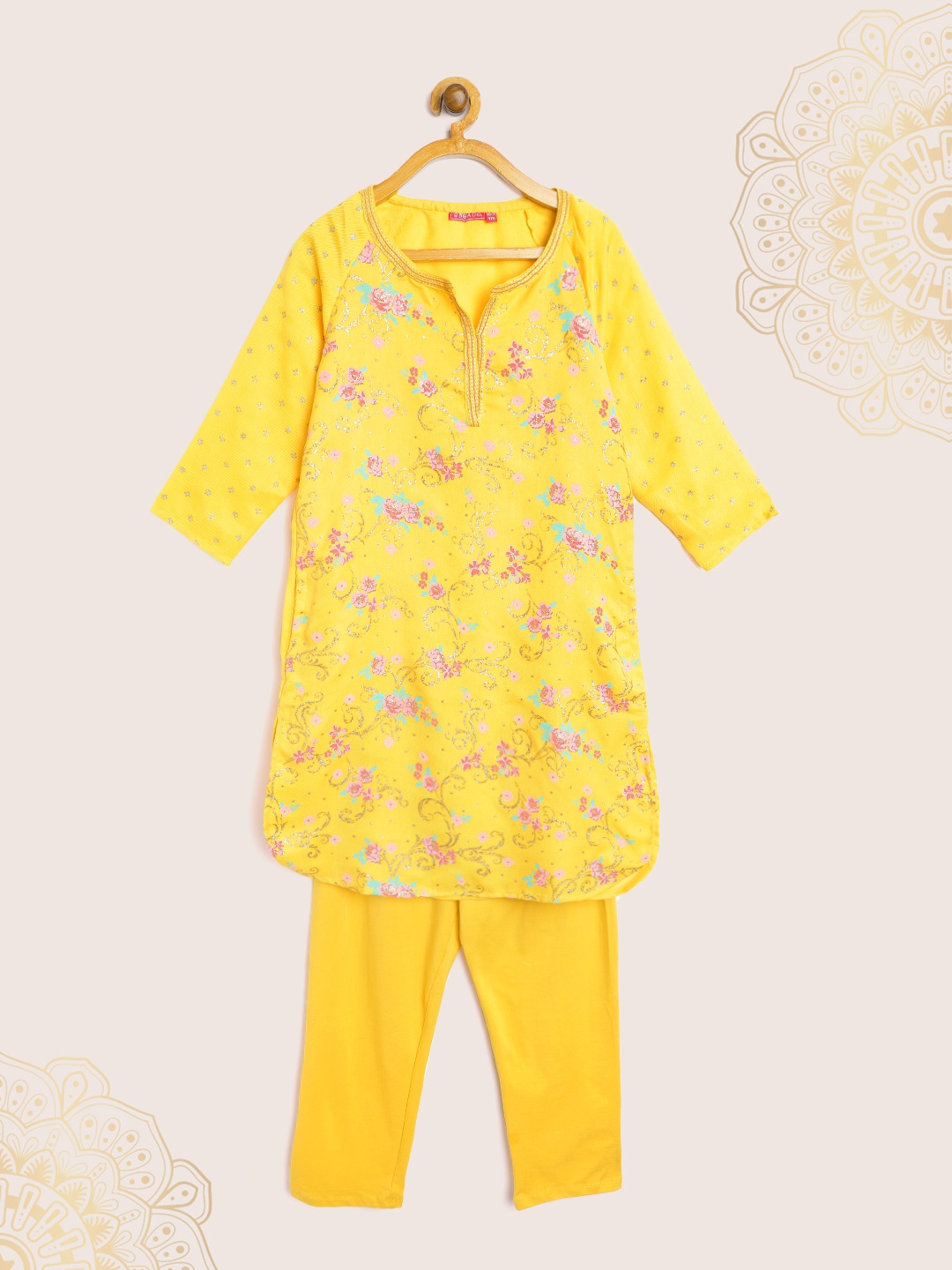 

Biba Girls Yellow & Gold Floral Print Thread Work Straight Kurta & Leggings