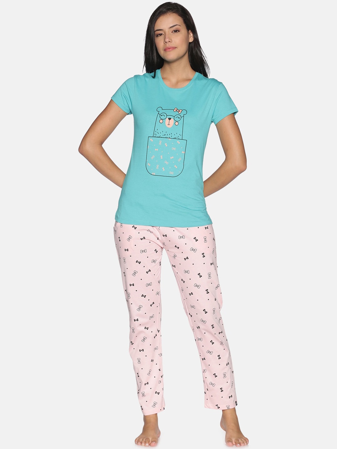 

TWIN BIRDS Women Blue & Pink Printed Night Suits