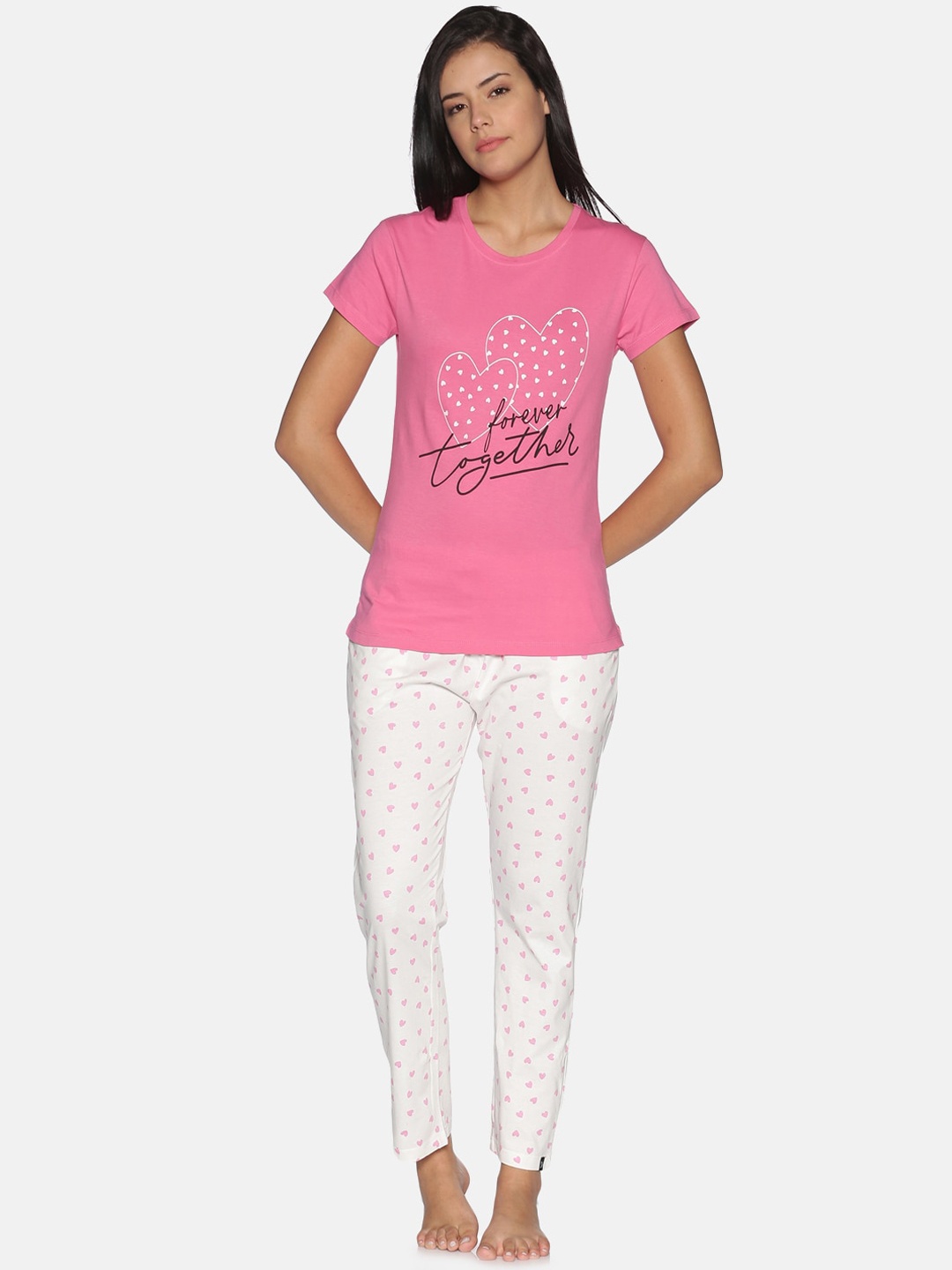 

TWIN BIRDS Women Pink & White Printed Night Suits