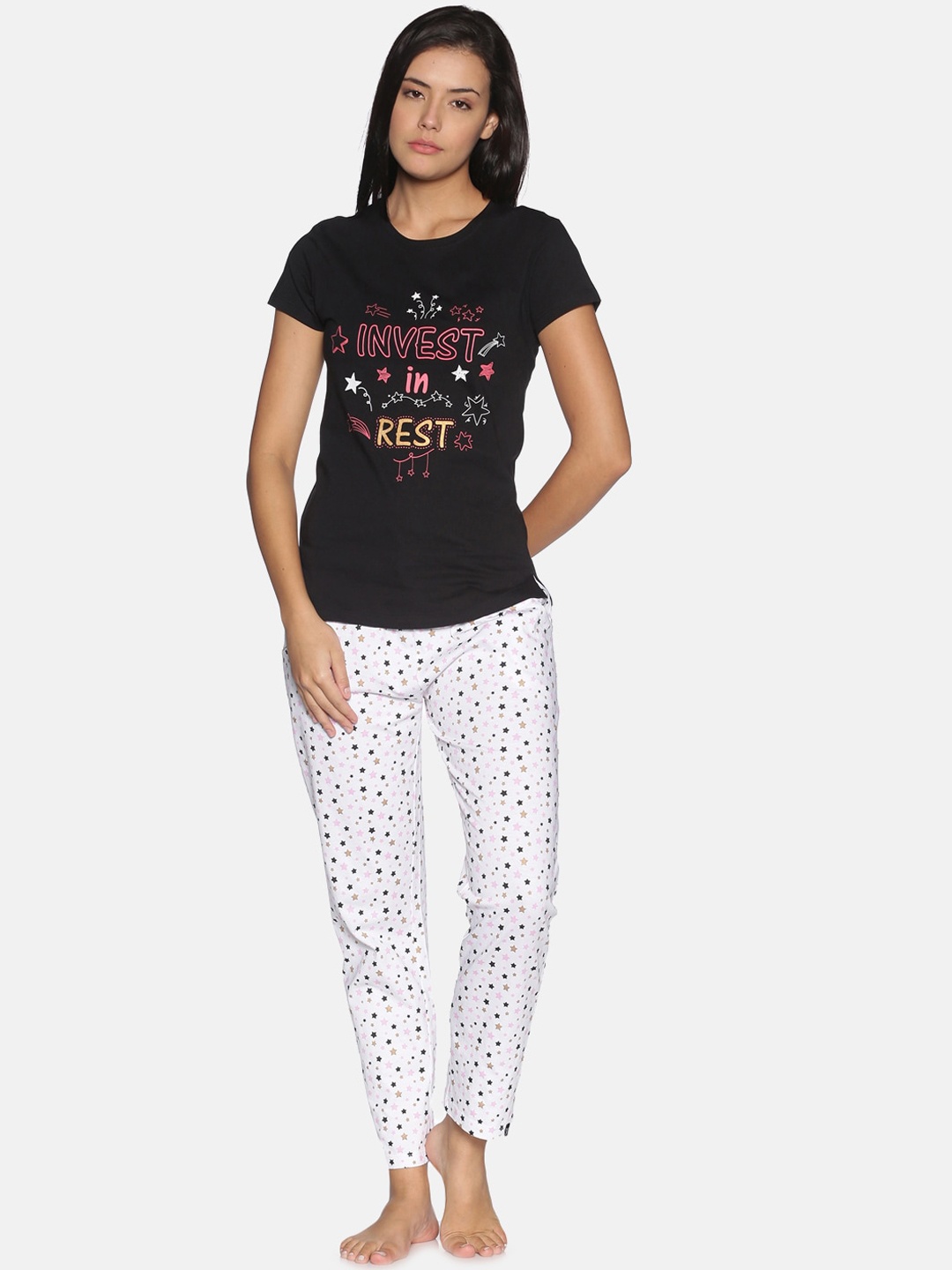 

TWIN BIRDS Women Black & White Printed Night Suits