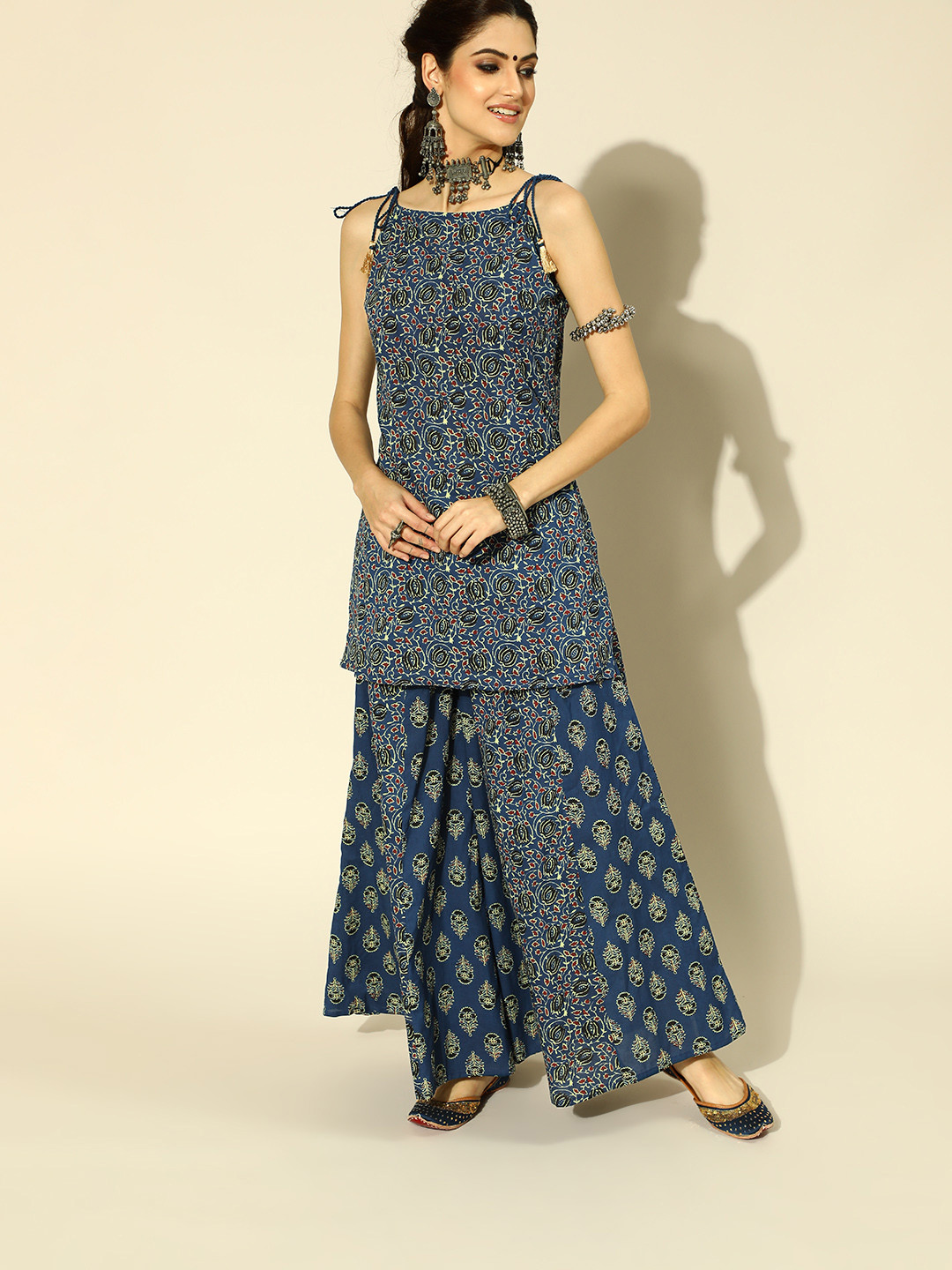 

Ahika Deep Navy Blue and Maroon Pure Cotton Kurta Set