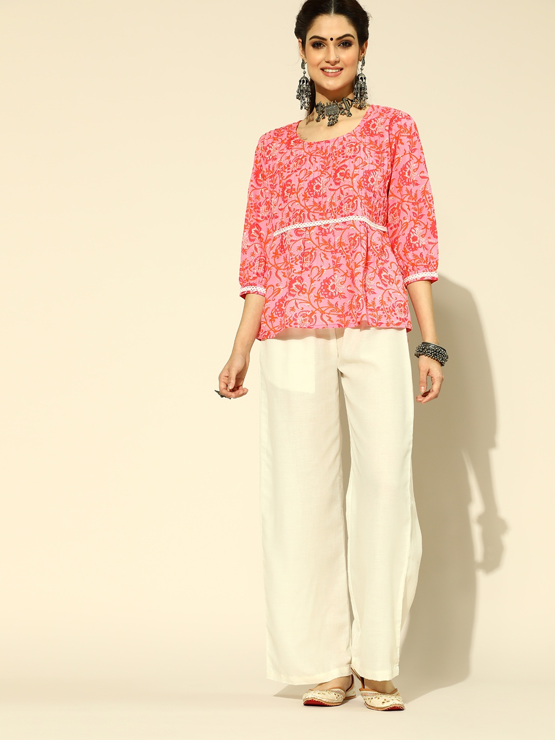 

AHIKA Women Pink & Off White Pure Cotton Printed A-Line Top with Palazzos