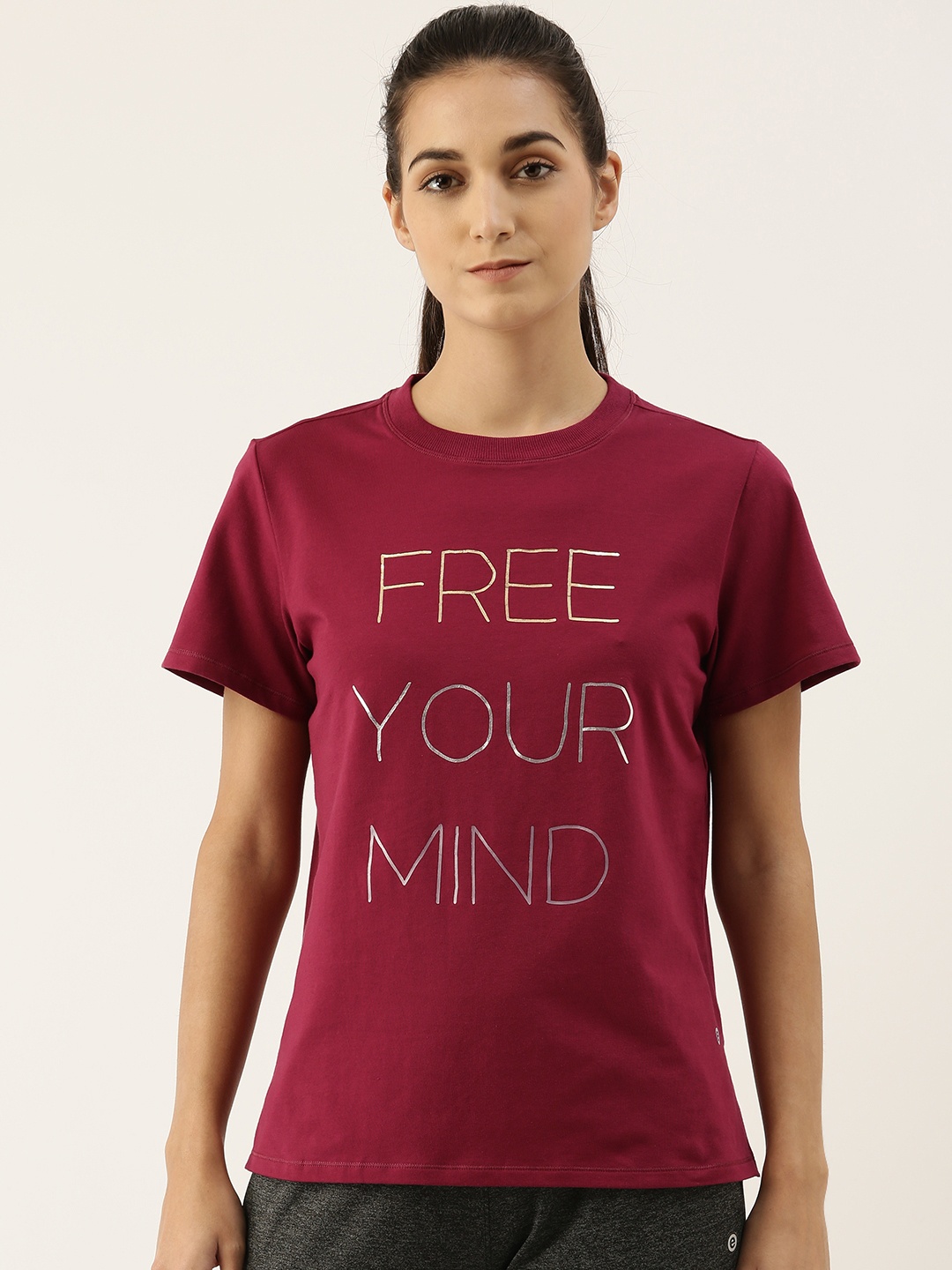 

Enamor Women Burgundy Printed Antimicrobial Yoga T-shirt