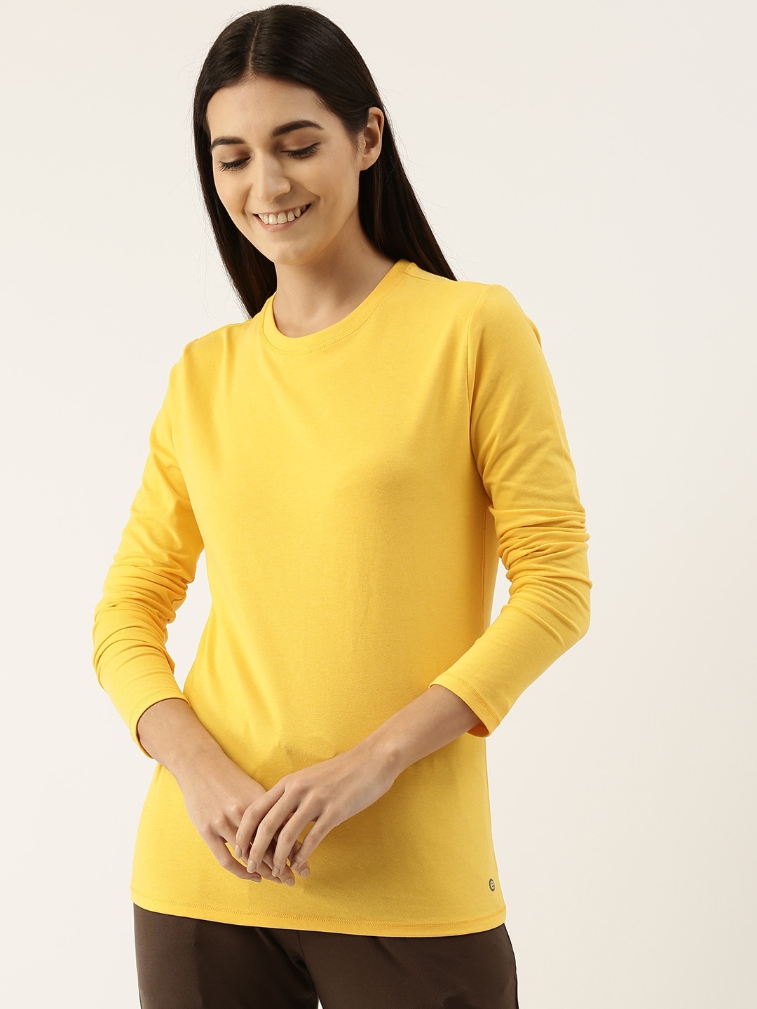 

Enamor E057 Basic Crew Neck Stretch Cotton Tee for Women with Long Sleeves, Yellow