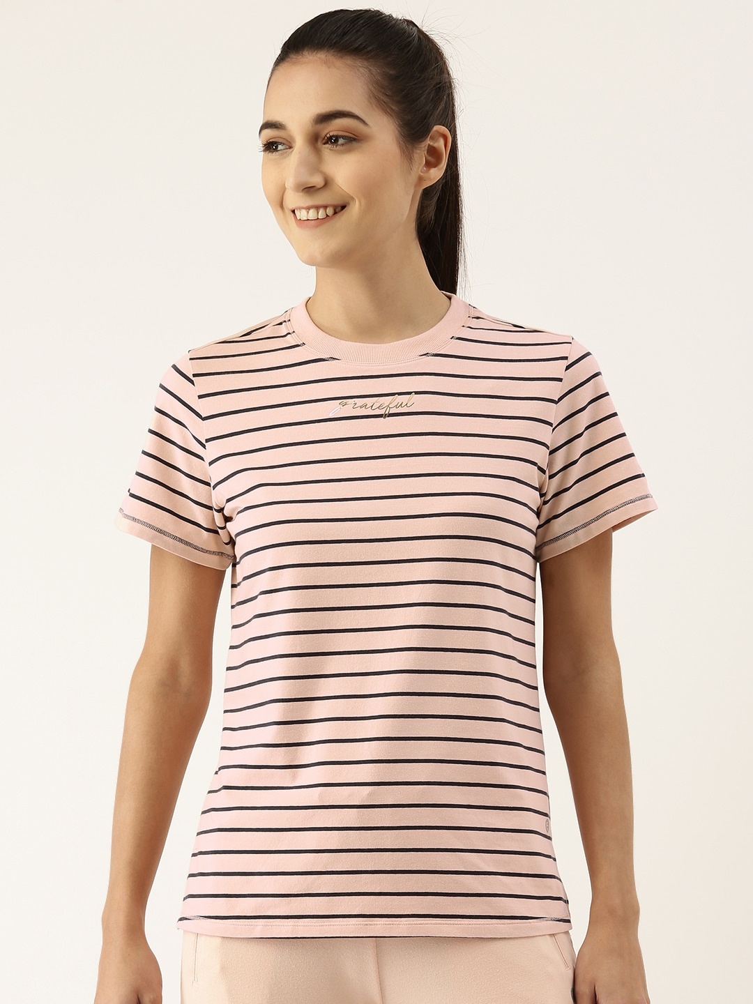 

Enamor Women Pink Striped Antimicrobial Outdoor T-shirt